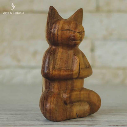 escultura madeira urso meditando animais decorativos abstrata home decor decoracao balinesa bali indonesia artesintonia gato namaste wood cat carved 4