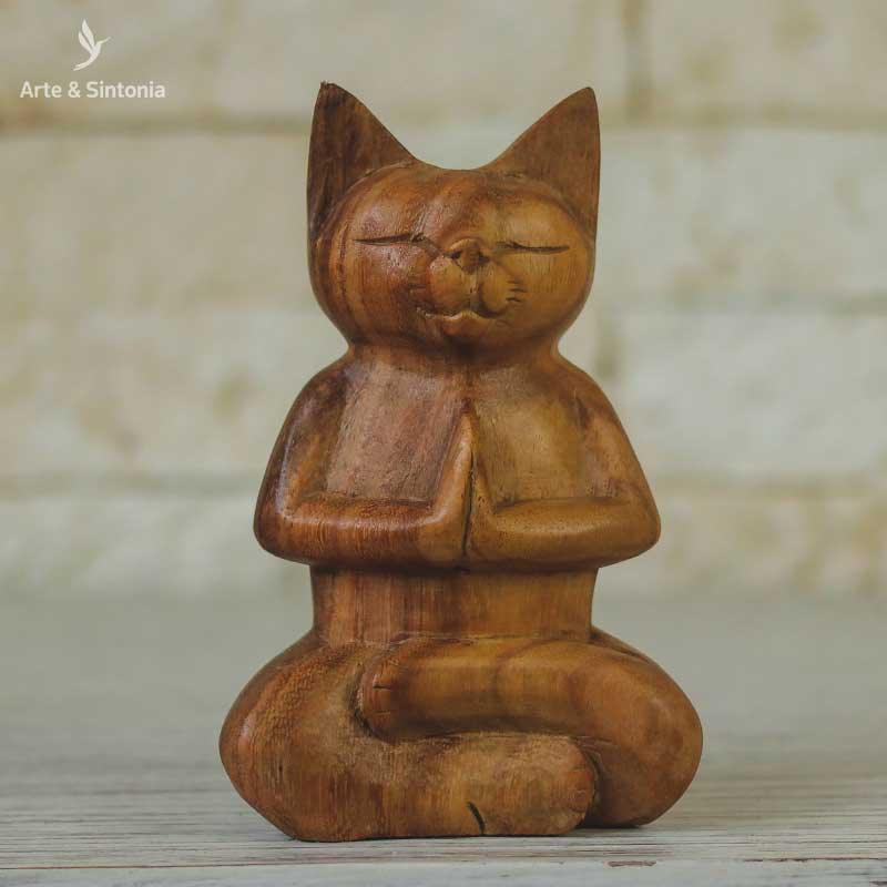 escultura madeira urso meditando animais decorativos abstrata home decor decoracao balinesa bali indonesia artesintonia gato namaste wood cat carved 1