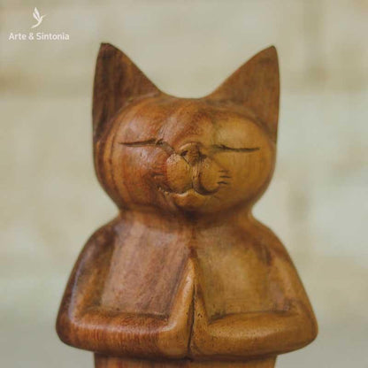 escultura madeira urso meditando animais decorativos abstrata home decor decoracao balinesa bali indonesia artesintonia gato namaste wood cat carved 6