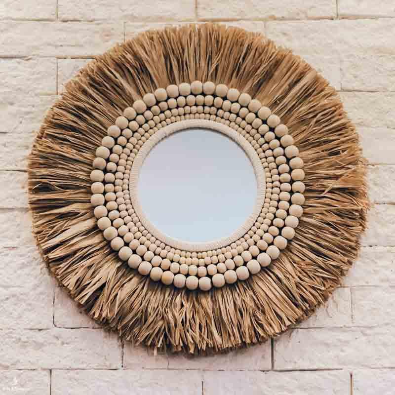 espelho redondo decorativo artesanal moldura palha natural boho bali artesanatos fibra bolinhas esferas mirror artesintonia 5