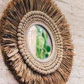 espelho redondo decorativo artesanal moldura palha natural boho bali artesanatos fibra bolinhas esferas mirror artesintonia2