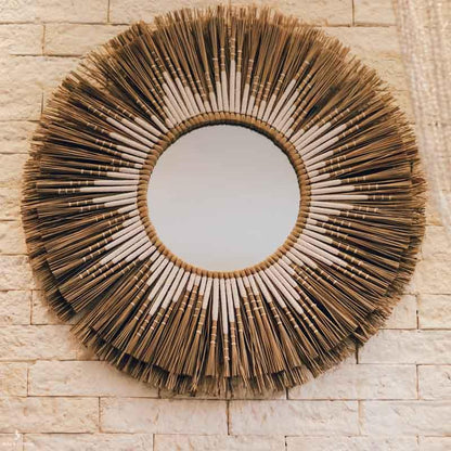 espelho redondo rustico decorativo fibras palha natural artesanal trancas tramas palha mirror artesintonia 1