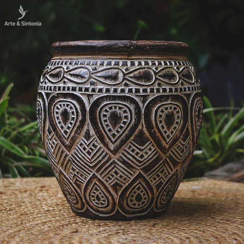 vaso etnico madeira peqieno entalhado timor leste artesanato artesanal home decor zen garden jardim patina