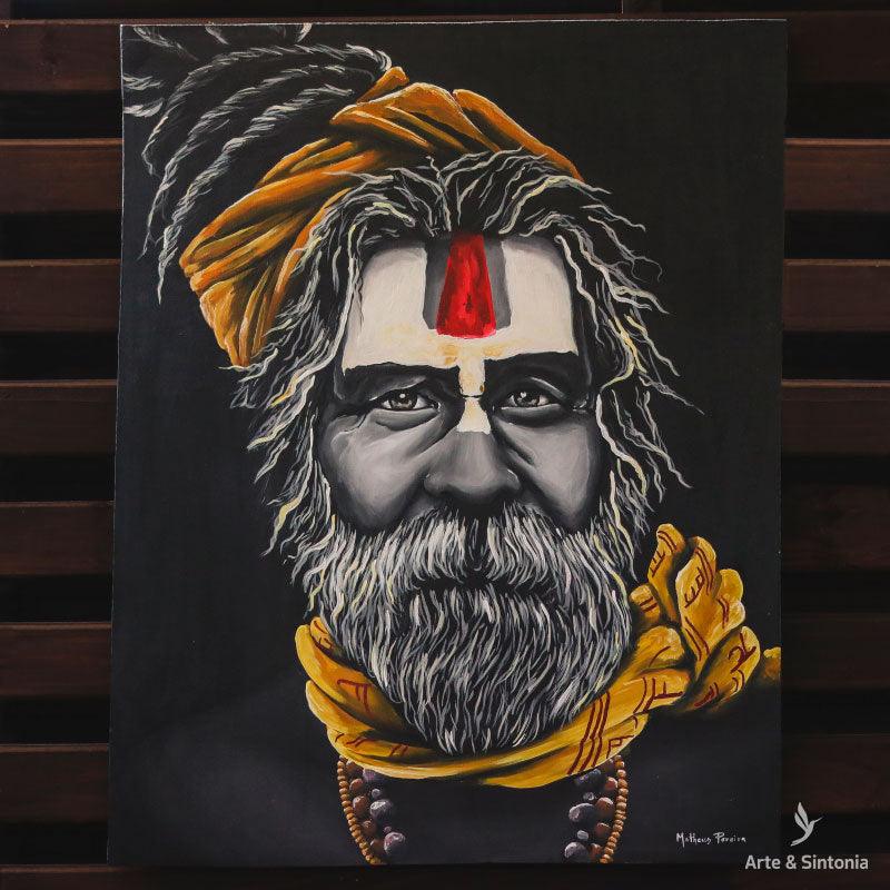 pintura em tela quadro homem indiano decoracao paredes meditacao objetos etnicos exclusivos barbudo artesintonia yogi yogue retrato 1