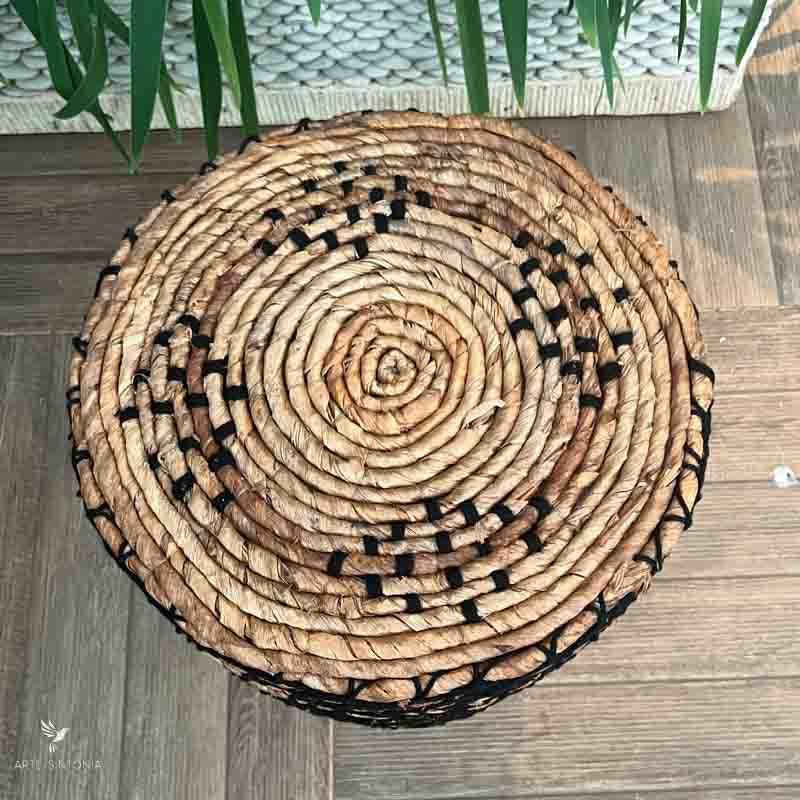 low round natural fiber wooden puff banco madeira rustica redondo fibra
