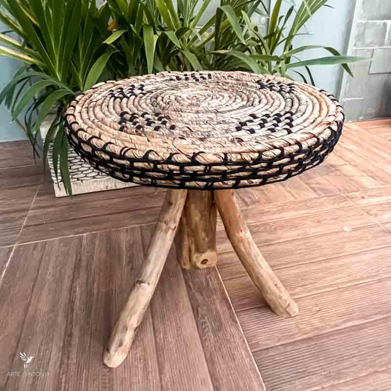 low round natural fiber wooden bedside table mesa madeira rustica redonda fibra
