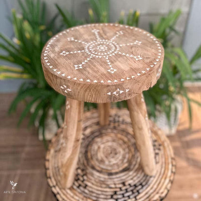 small seat wooden round side table banco rustico mesinha redonda madeira etnica madreperola