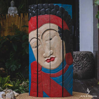 placa buda buddha arte decorativa artdecor bali art balines indonesia decoracao zen parede artesanal artesanato vermelho azul preto colorido 