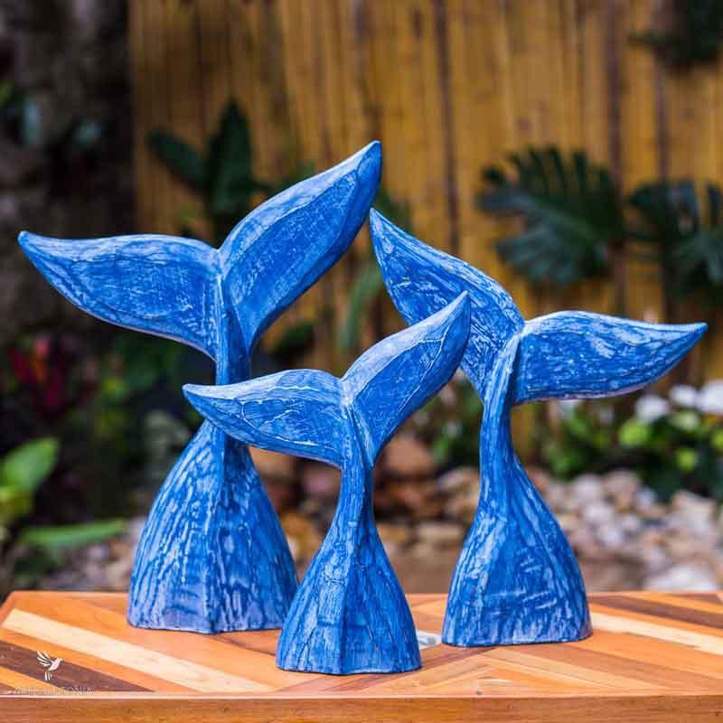 wooden balinese hand crafts escultura patina decorativa rabo baleia azul decoracao rustica