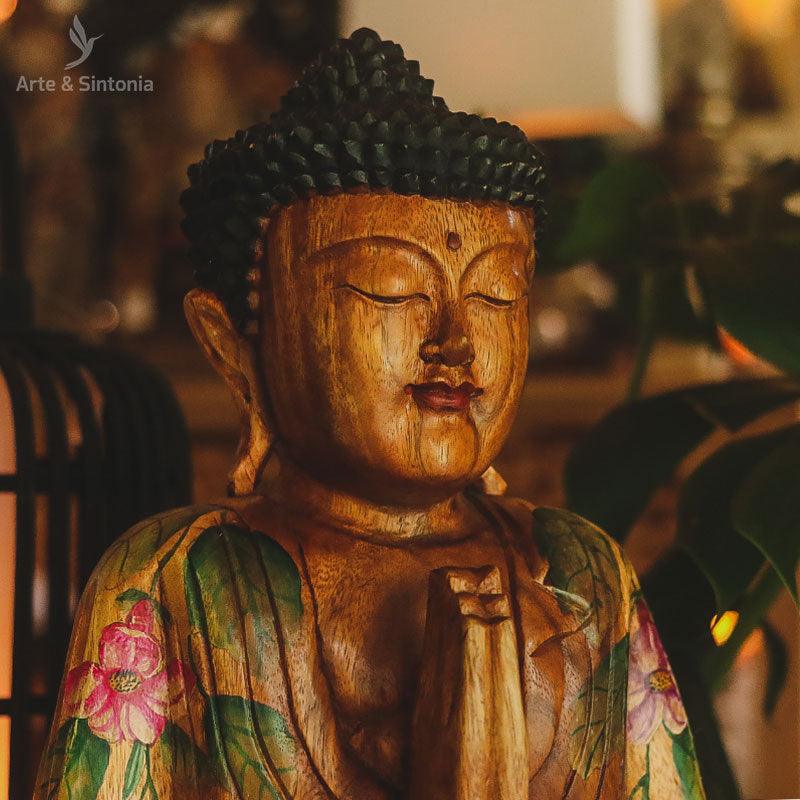 escultura buda buddha orando pintura artistica florido entalhado madeira suar bali indonesia artesintonia