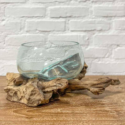 vaso bowl fruteira vidro madeira teca teka tronco arte decorativa decoração decor utilitária utilitário bali balinesa balines indonesia wood glass home house lar casa ambiente plantas flores planta flor artesão artesanato