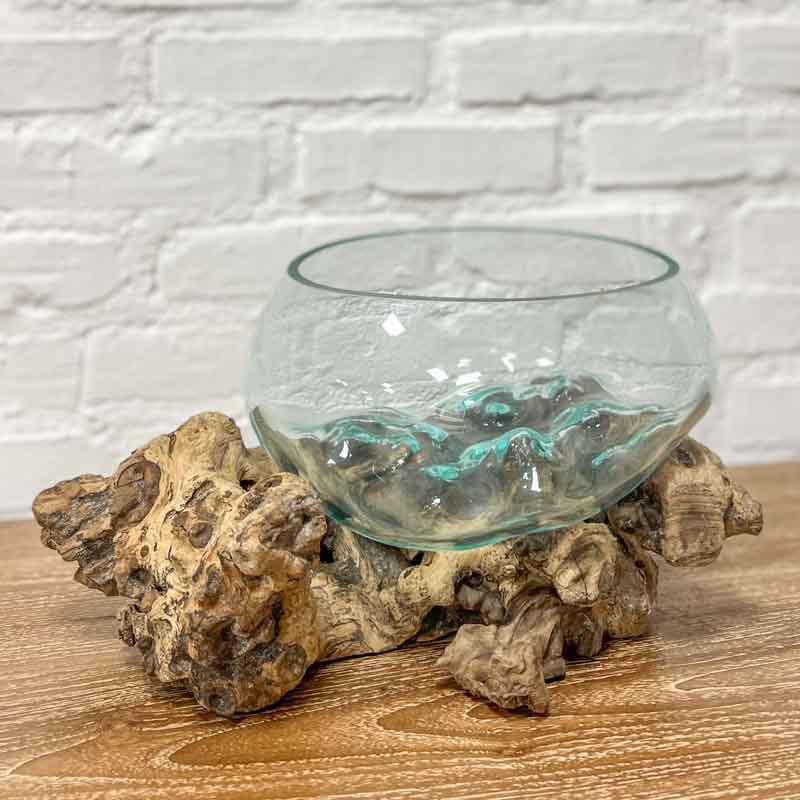 vaso bowl fruteira vidro madeira teca teka tronco arte decorativa decoração decor utilitária utilitário bali balinesa balines indonesia wood glass home house lar casa ambiente plantas flores planta flor artesão artesanato