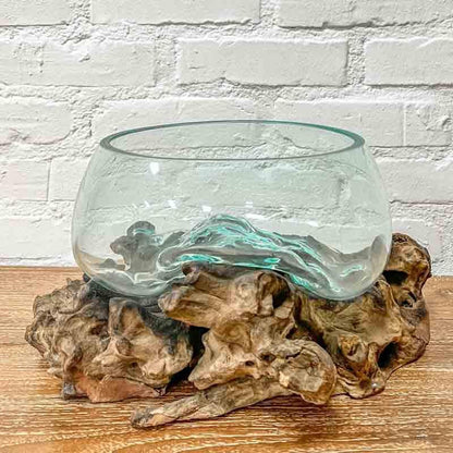 vaso bowl fruteira vidro madeira teca teka tronco arte decorativa decoração decor utilitária utilitário bali balinesa balines indonesia wood glass home house lar casa ambiente plantas flores planta flor artesão artesanato